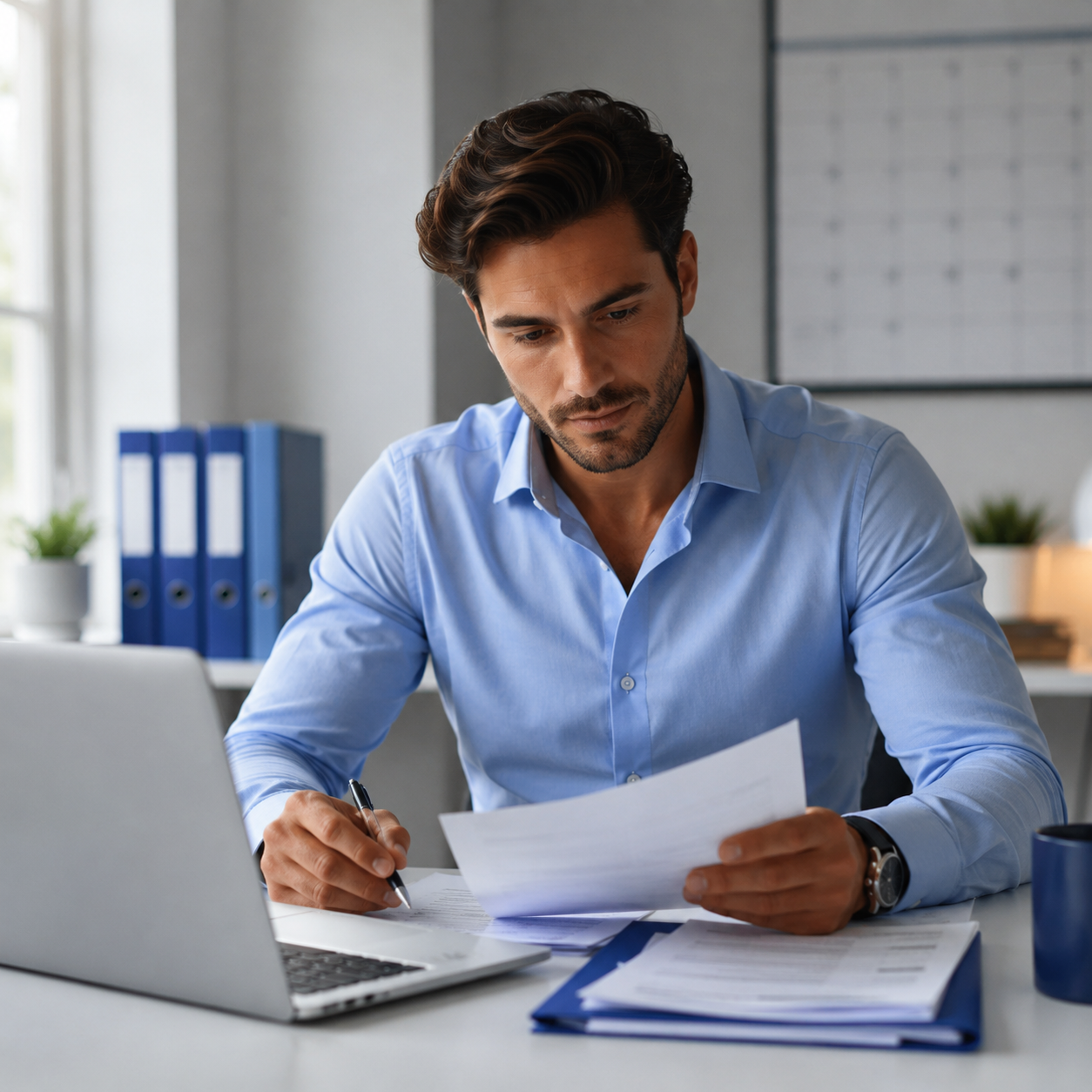 Young male tax professional reviewing tax documents beside a laptop in a bright modern office.
