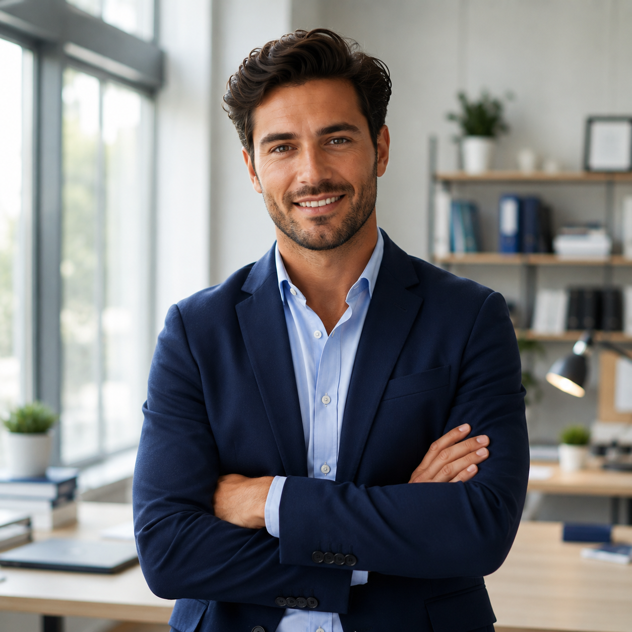 Friendly male accountant in a navy blazer standing with arms crossed in a bright modern office.