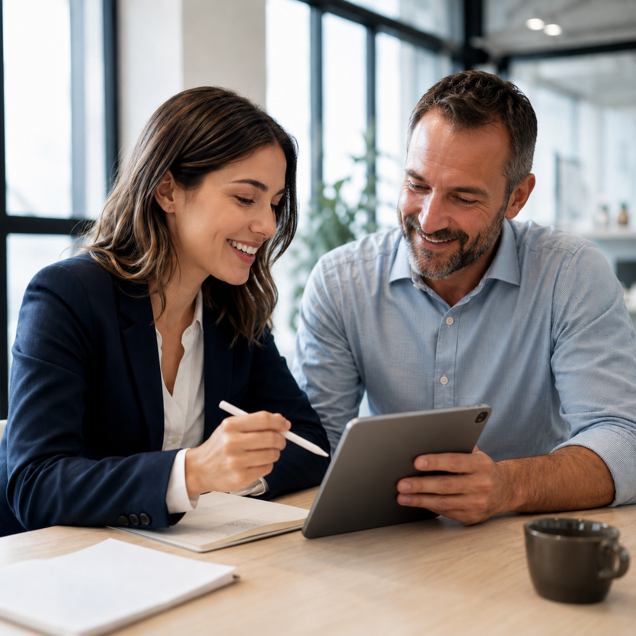 Female accountant and small business owner reviewing financial information together on a tablet in a bright modern office.