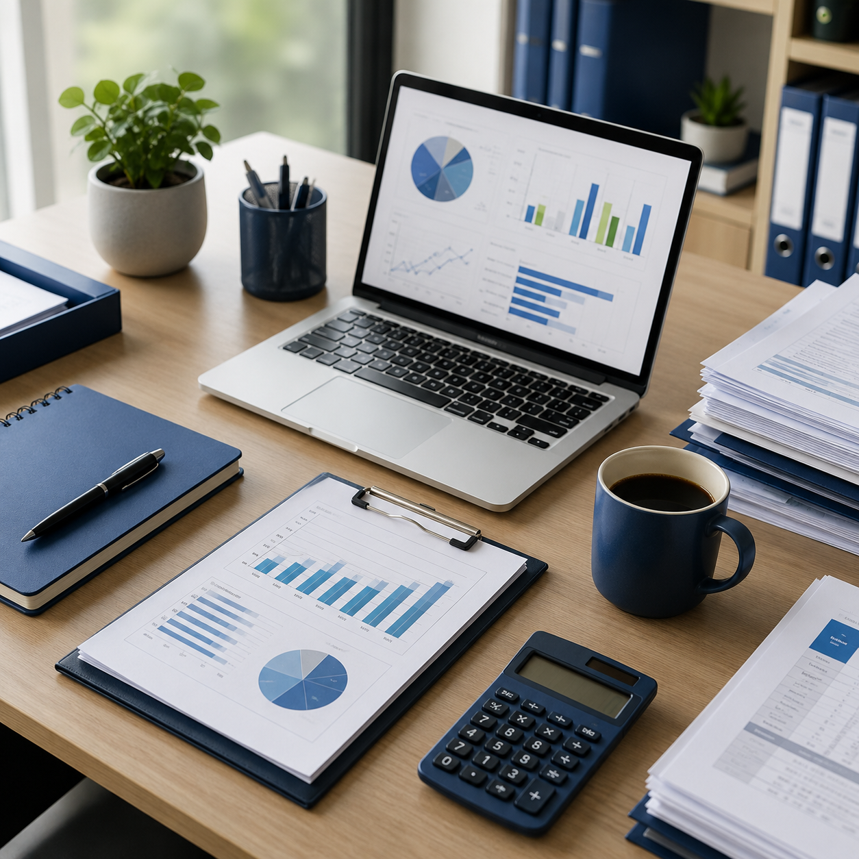 Organized accountant’s desk with a laptop showing financial charts, neatly stacked documents, calculator, coffee cup, and plant in a bright modern office.