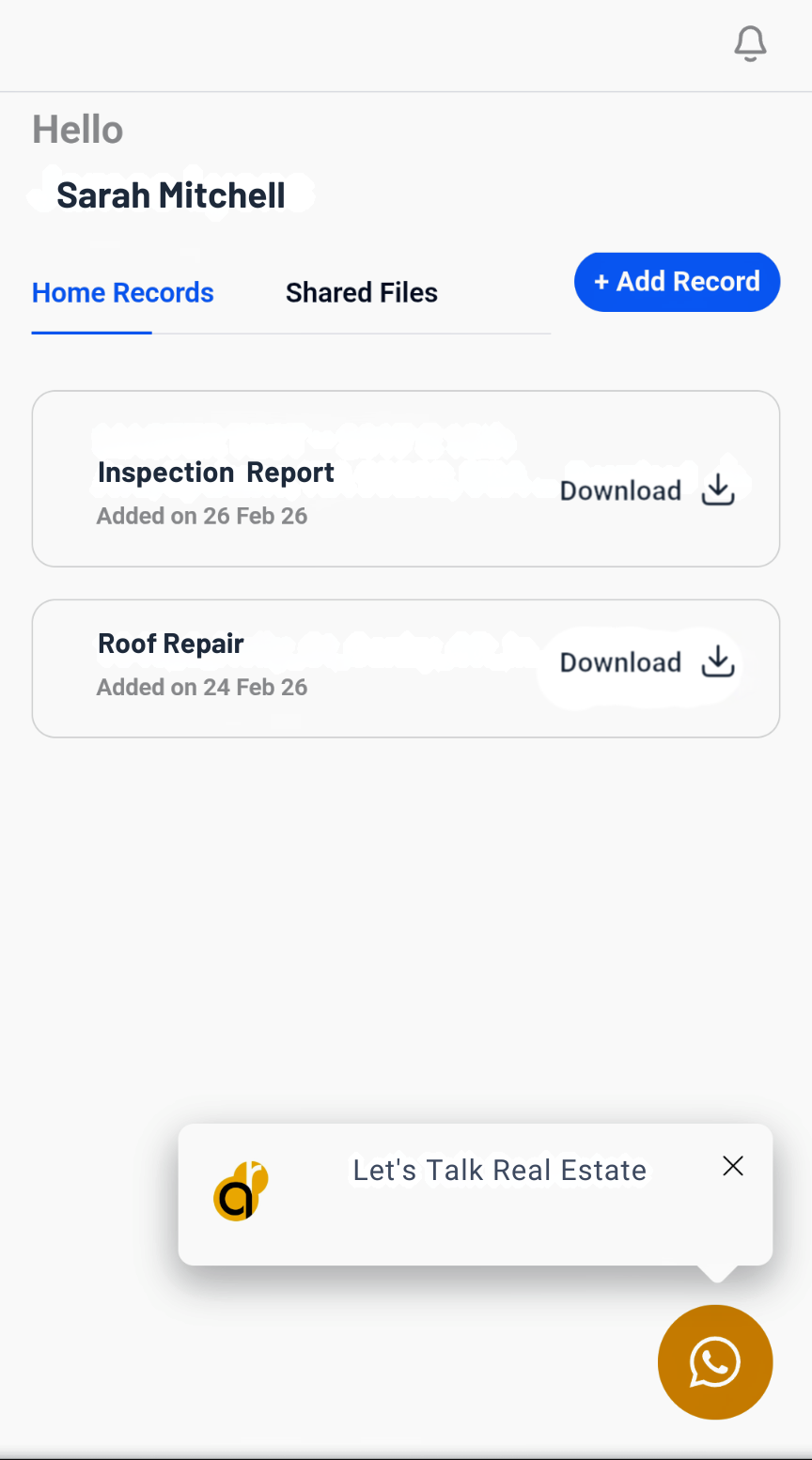 Home Vault mobile app showing home records and documents