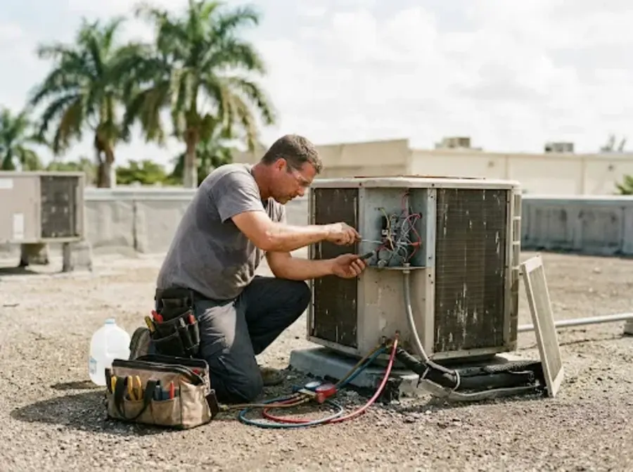 Técnico dando servicio a una unidad de aire acondicionado