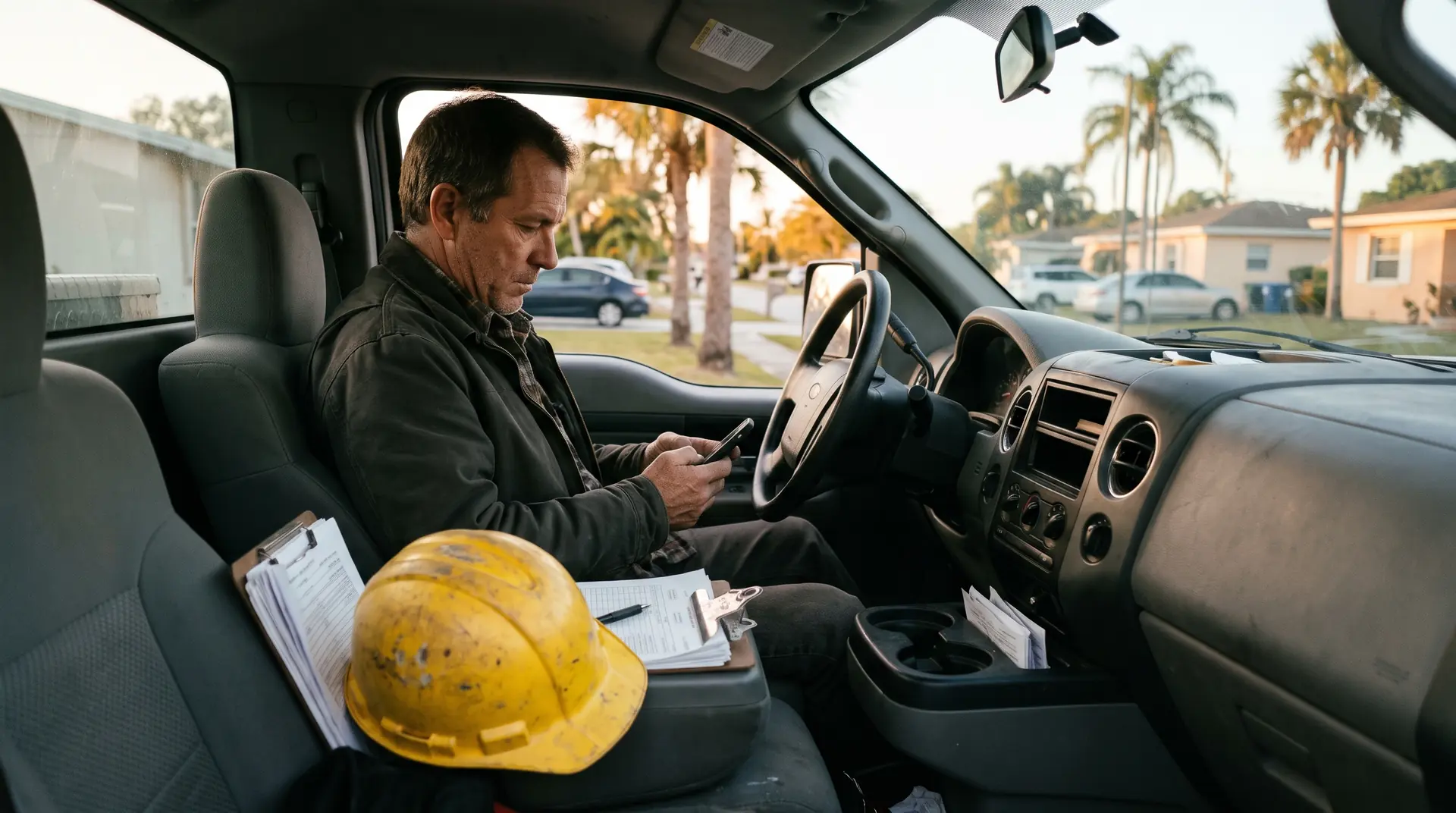 Contratista en su camioneta revisando trabajos nuevos en el celular