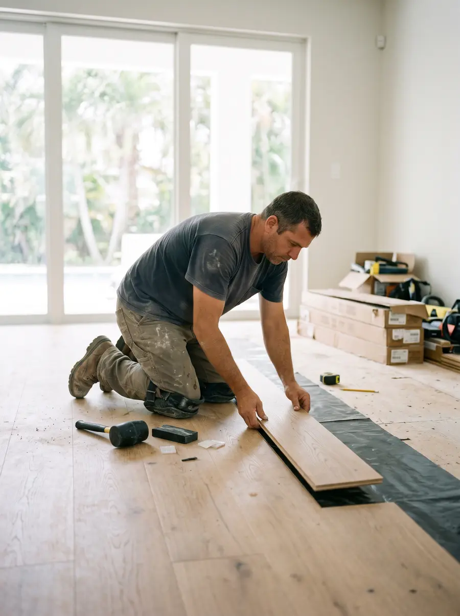 Instalador colocando piso de madera