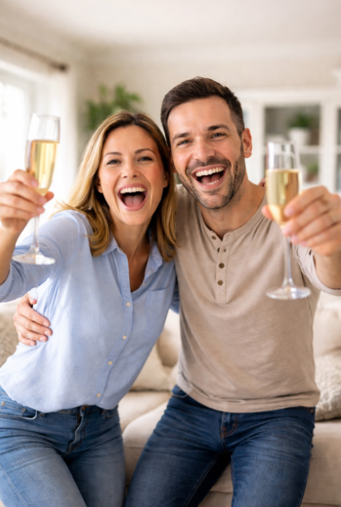A happy couple celebrating with a glass of fizz