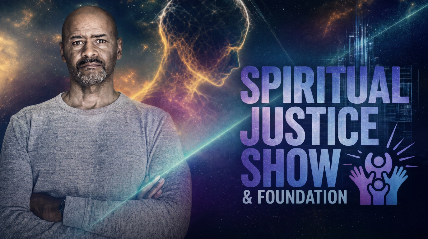 Eric Lee beside the Spiritual Justice Show and Foundation logo