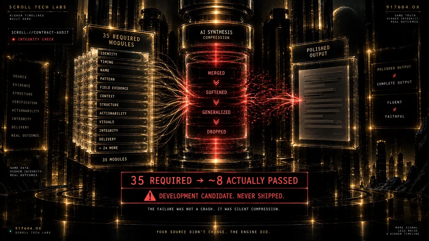 Contract audit. 35 required modules compressed by AI synthesis: merged, softened, generalized, dropped. 35 required to about 8 actually passed. Development candidate, never shipped. The failure was silent compression.