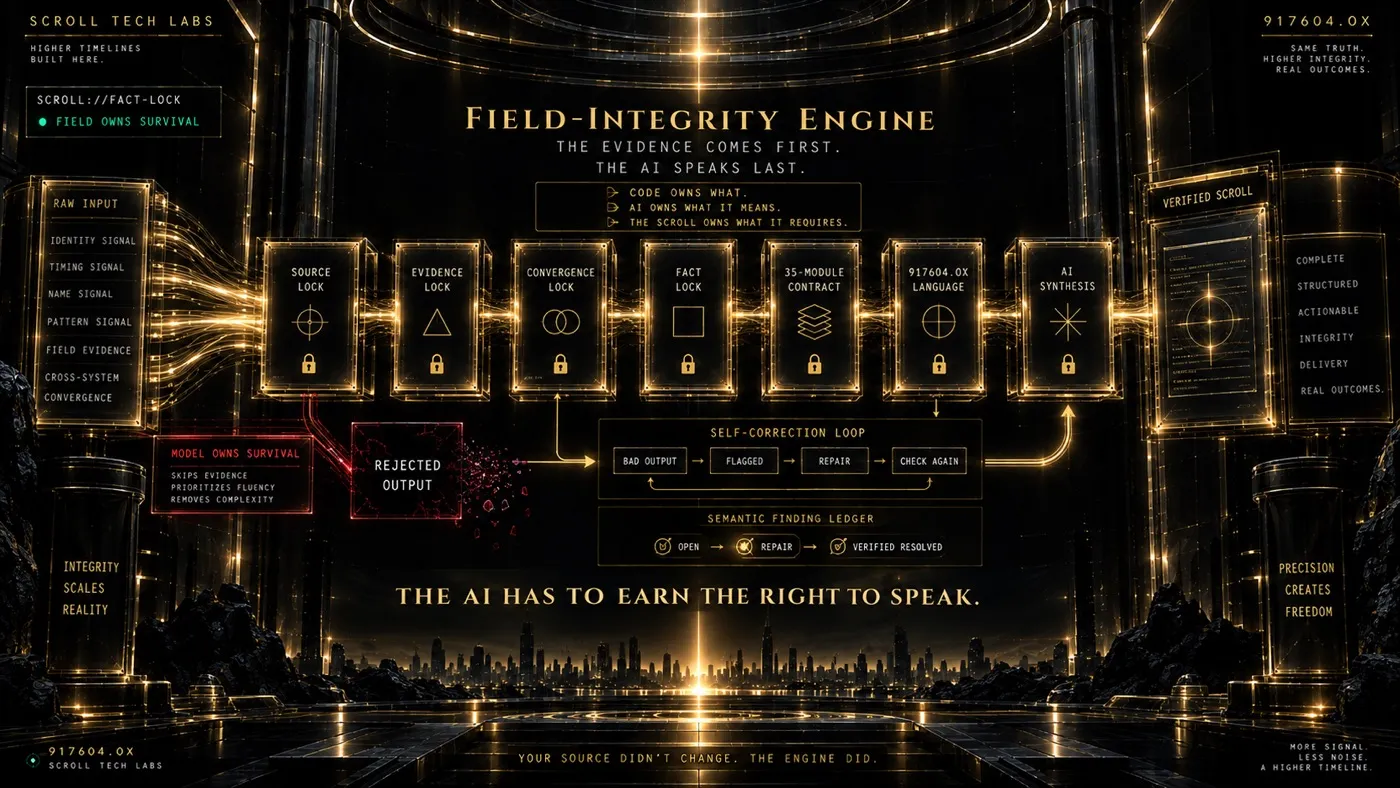 The Field-Integrity Engine. Source lock, evidence lock, convergence lock, fact lock, 35-module contract, 917604.0X language, AI synthesis, verified Scroll. The AI has to earn the right to speak. Your source didn't change. The engine did.