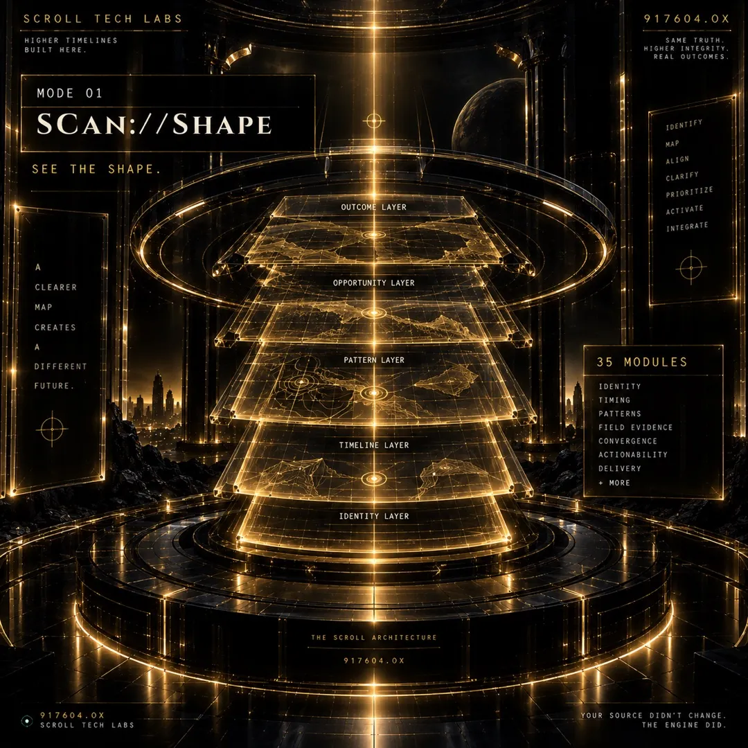 Mode 01, Scan/Shape: the Scroll architecture in layers - outcome, opportunity, pattern, timeline and identity.