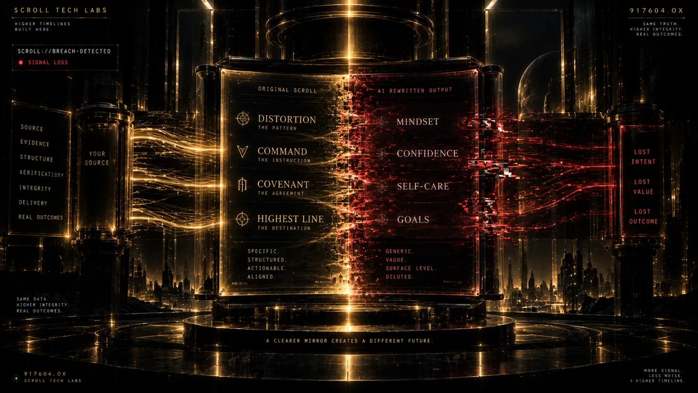 Breach detected. The original Scroll's language (Distortion, Command, Covenant, Highest Line) versus AI-rewritten output (Mindset, Confidence, Self-care, Goals). A clearer mirror creates a different future.