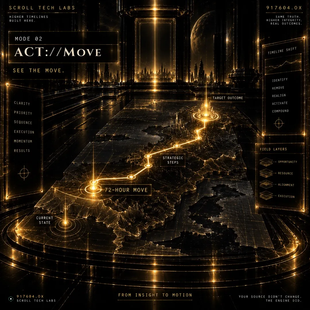 Mode 02, Act/Move: the route from current state to target outcome, starting with your 72-hour move.