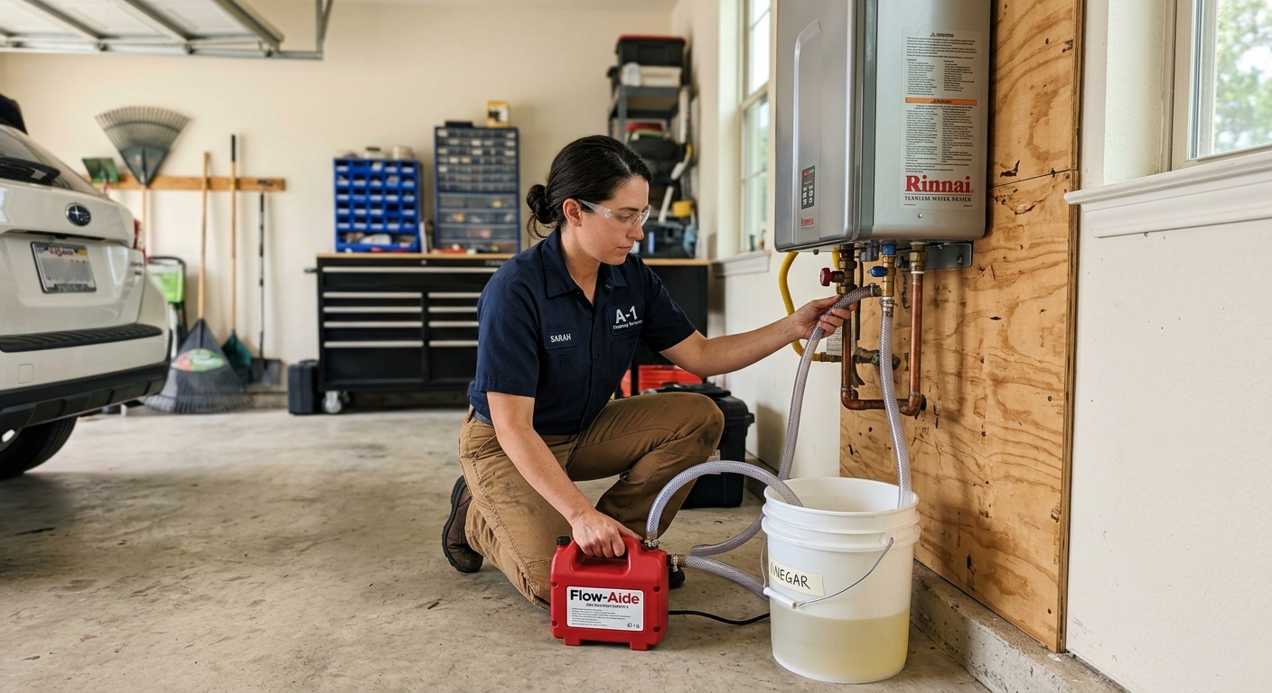 technician flushing tankless water heater with vinegar solution