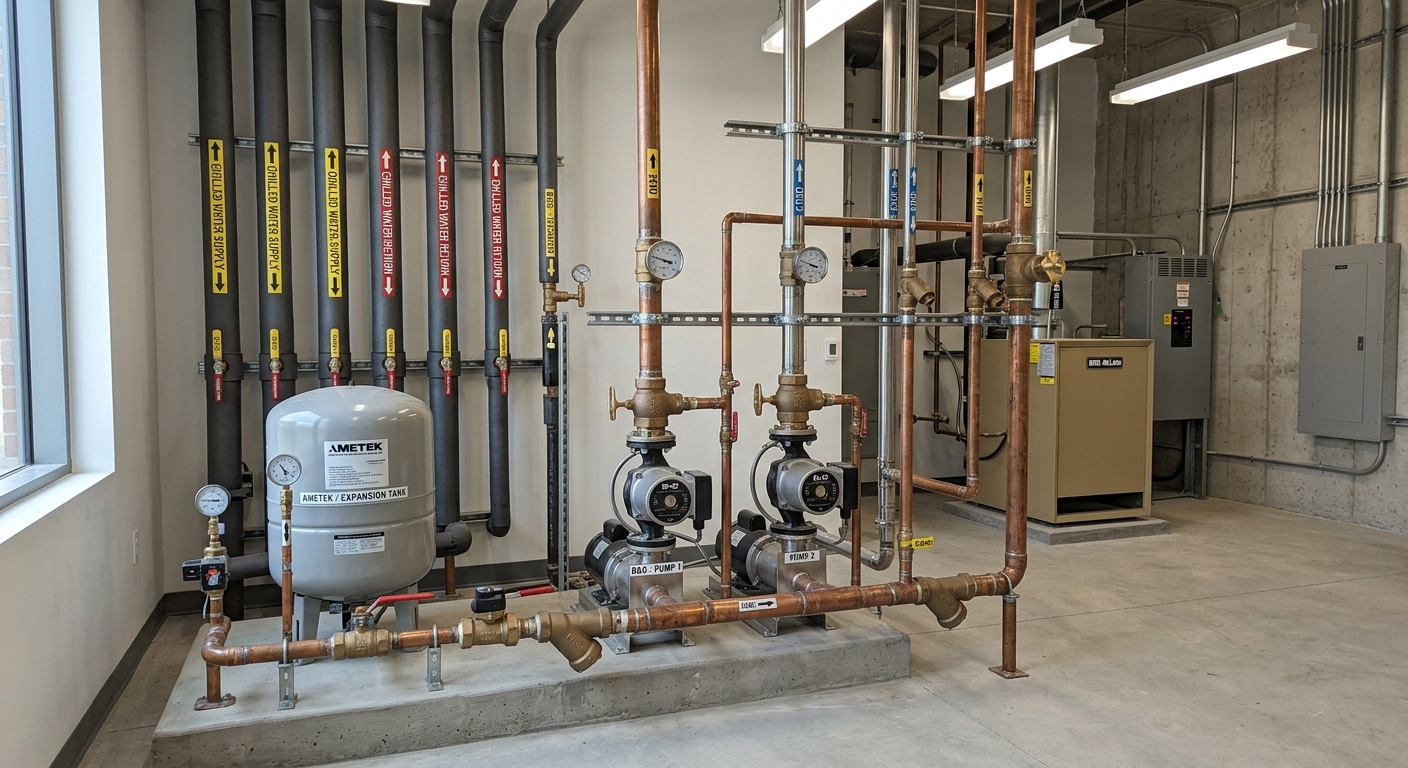 commercial building plumbing system with multiple fixtures and pipes