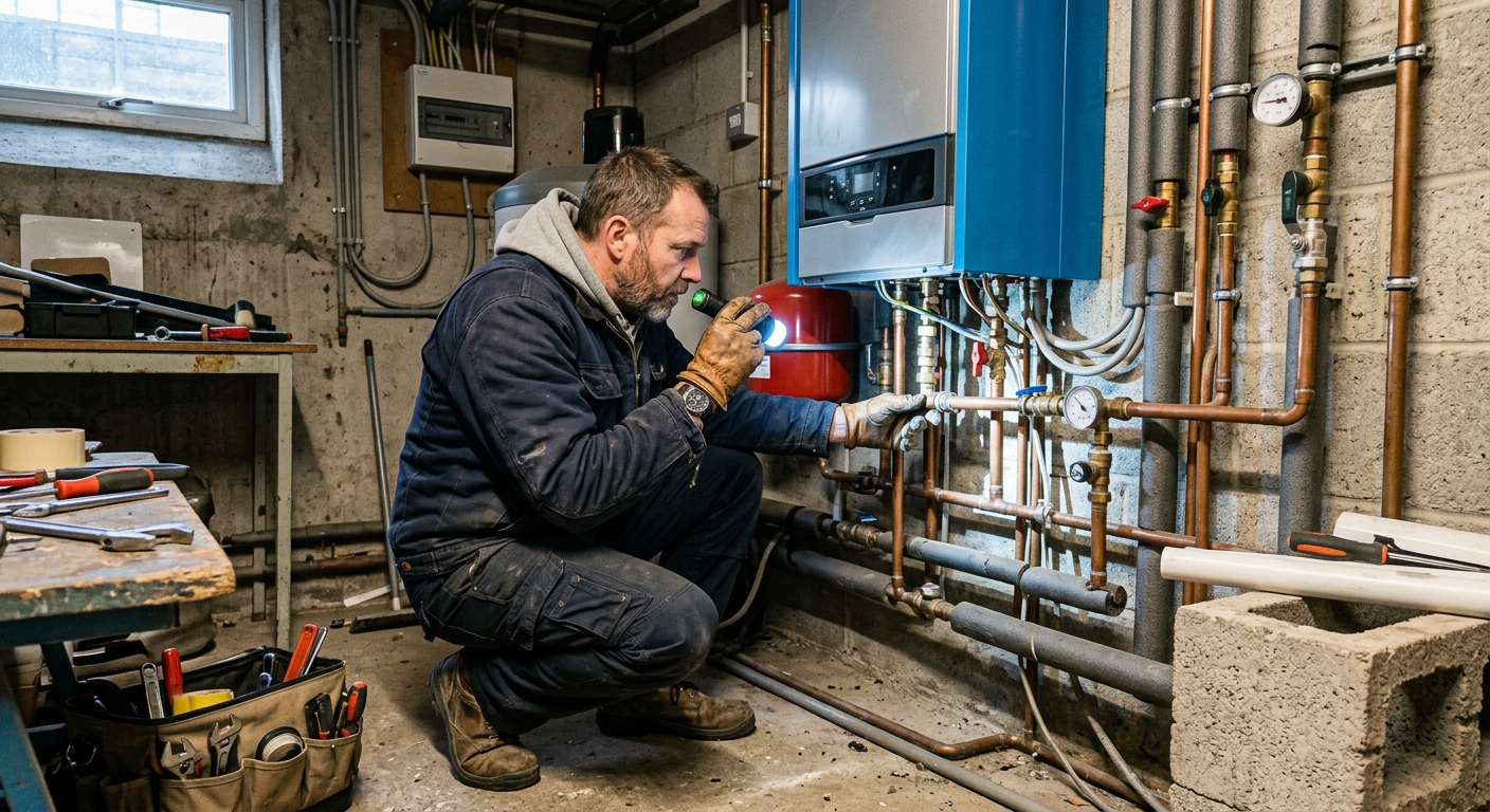 plumber inspecting boiler installation equipment in residential basement
