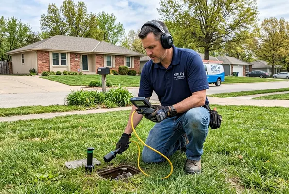 plumber using electronic leak detection equipment on buried water line