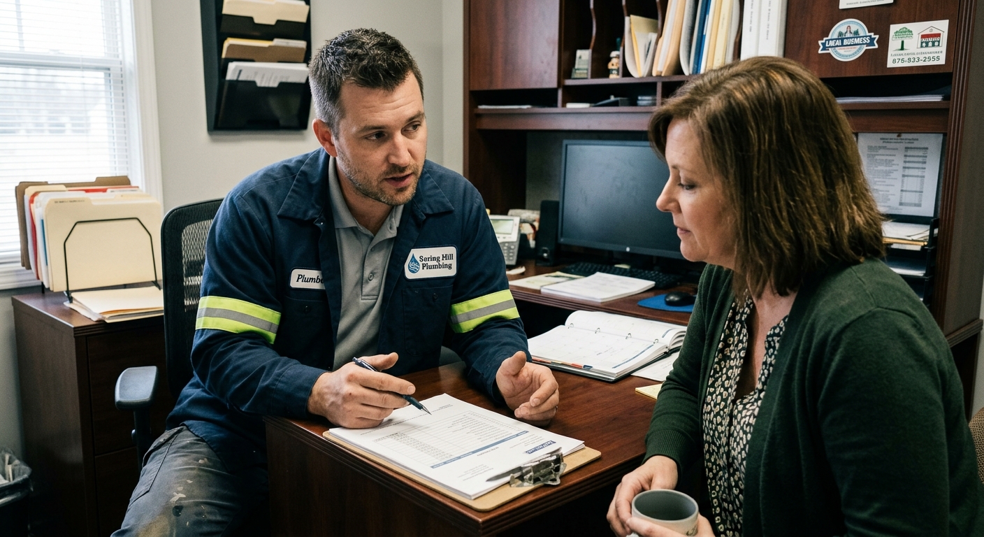 plumber reviewing estimate paperwork with business owner