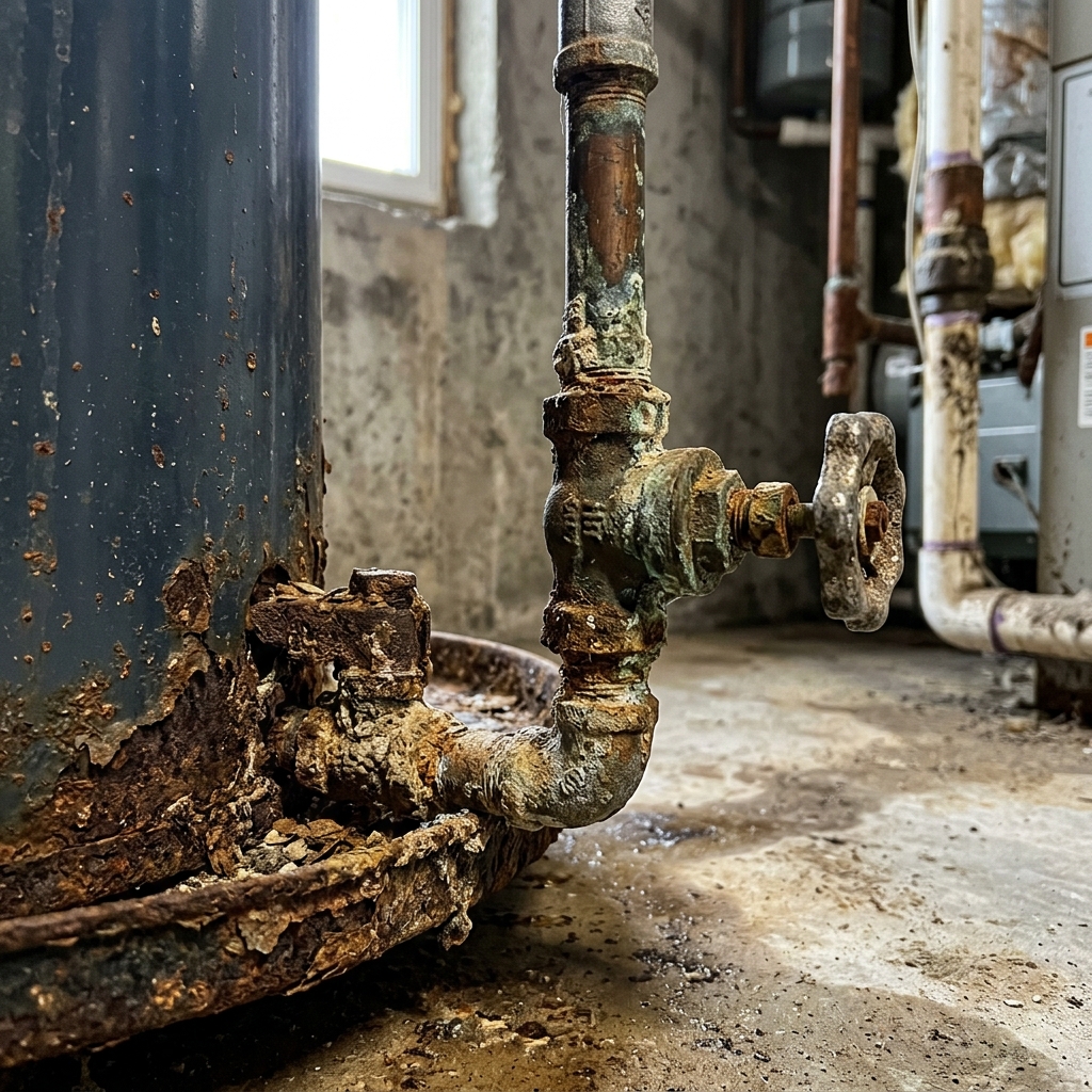 corroded water heater showing rust and sediment buildup