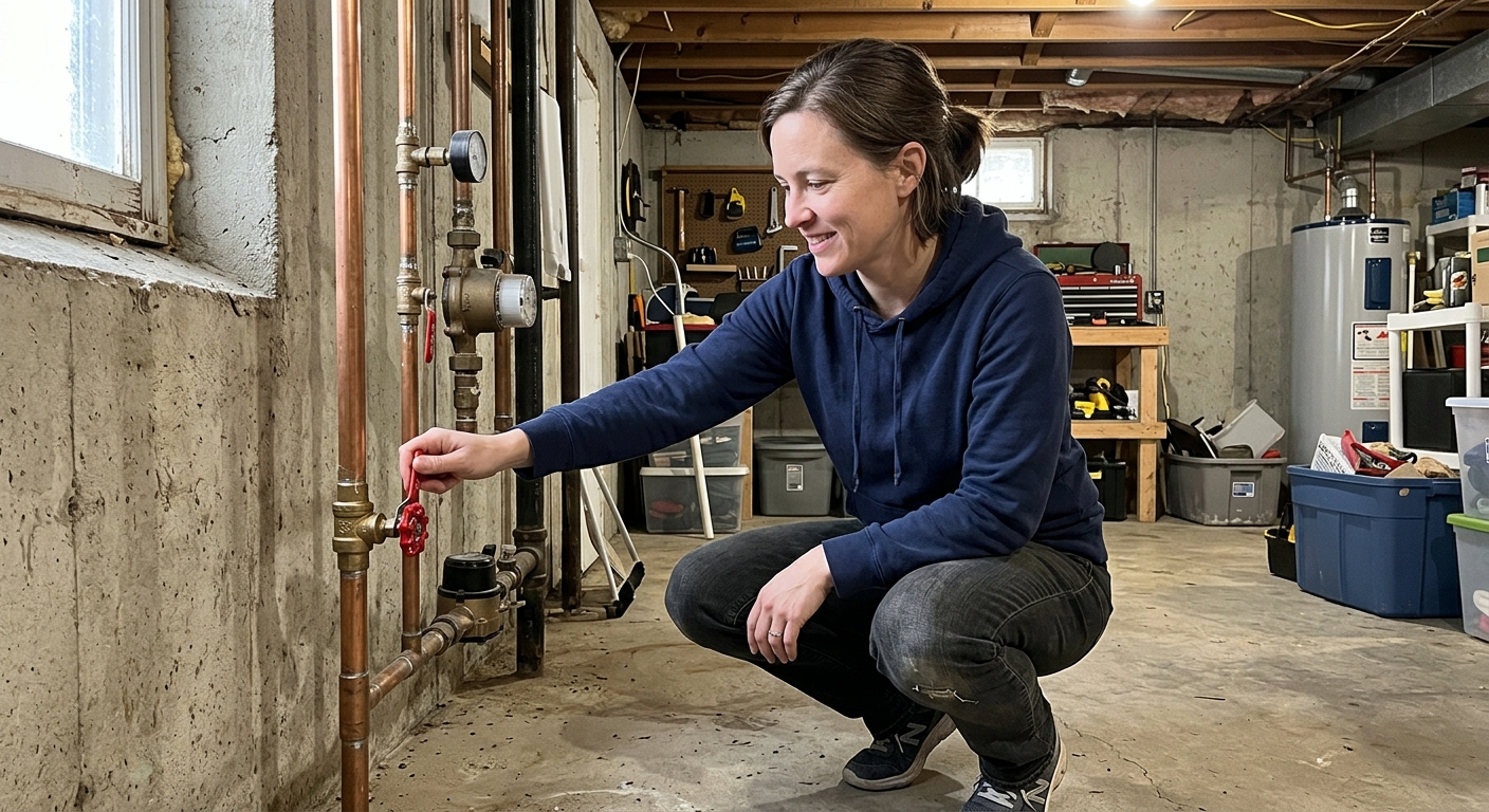 homeowner shutting off main water valve during plumbing emergency