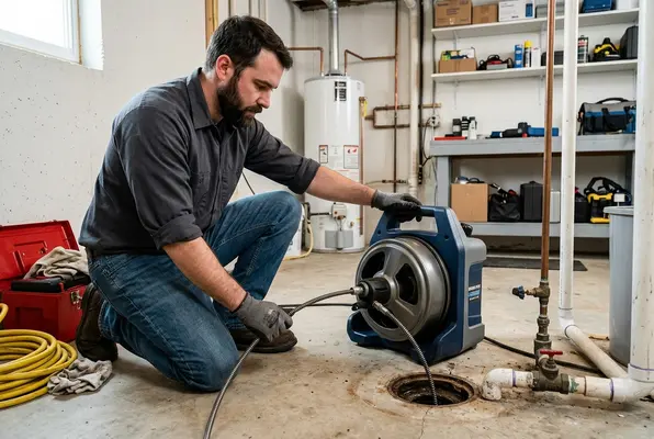 professional plumber performing drain cleaning with specialized equipment