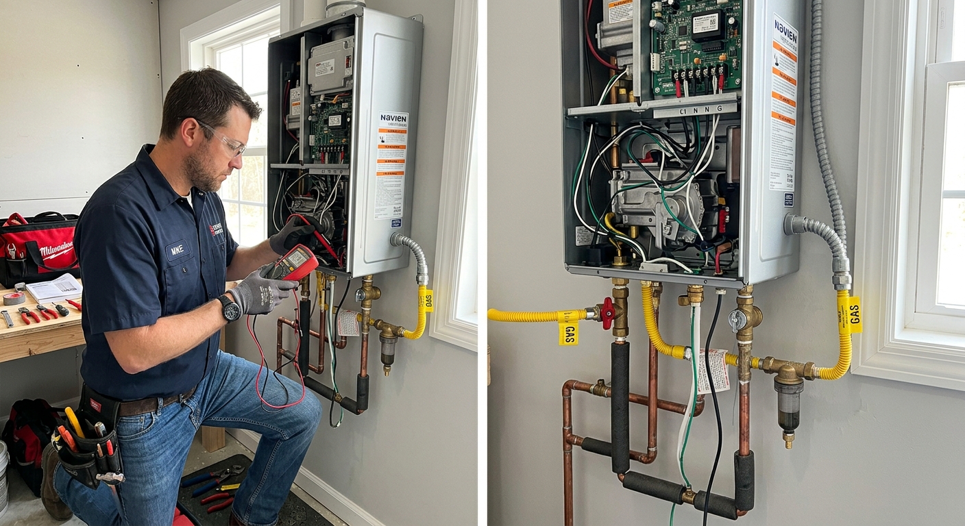 plumber testing tankless water heater gas connections and electrical components
