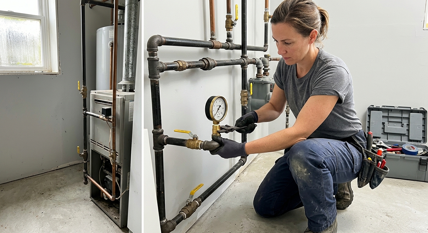 licensed plumber pressure testing residential gas line after repair
