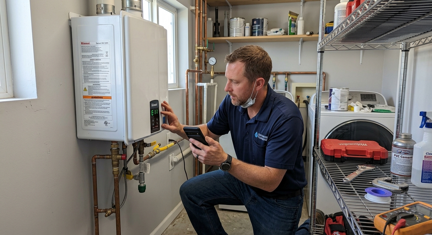 plumber inspecting tankless water heater control panel for error codes