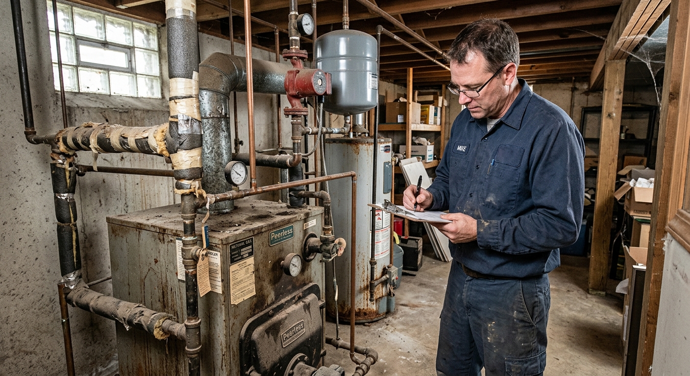 technician evaluating aging residential boiler system