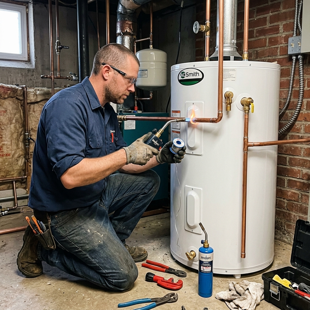 licensed plumber installing new water heater with professional tools