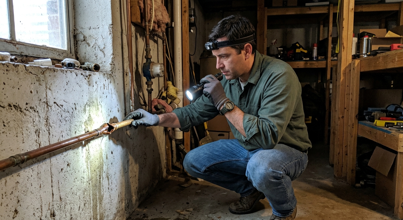 technician diagnosing broken copper water supply pipe