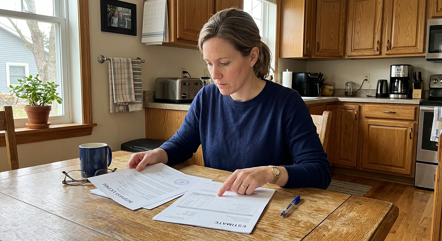 homeowner reviewing plumber credentials and license before hiring for repair work