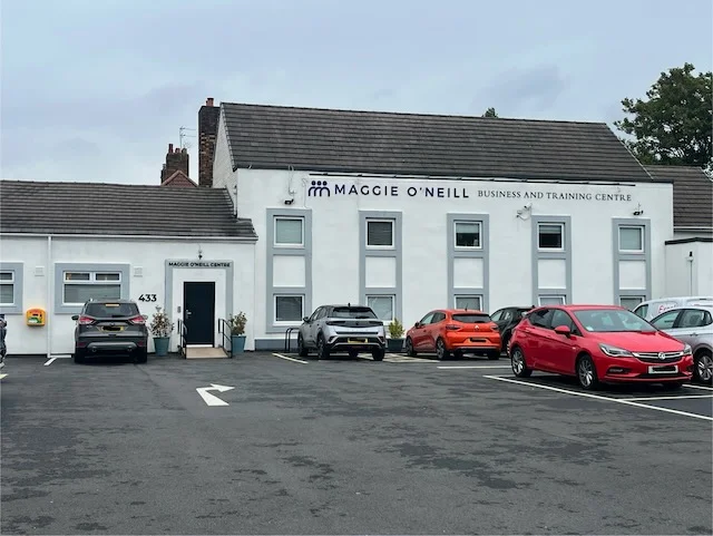 The front of the Maggie O'Neill Centre in Huyton, with the free car park outside