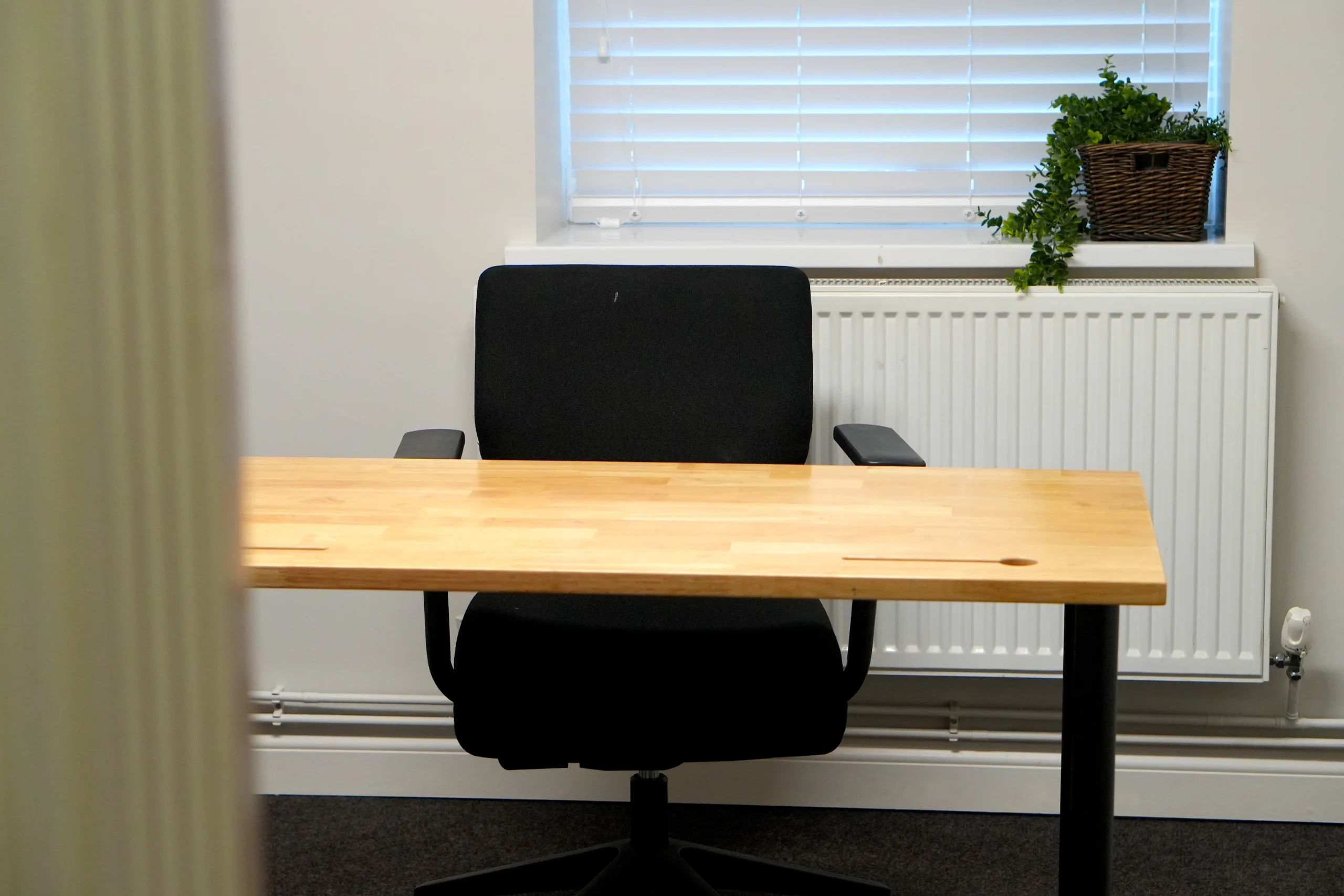 A desk and chair in front of the window in Office 202 at the Maggie O'Neill Centre, with a plant on the sill