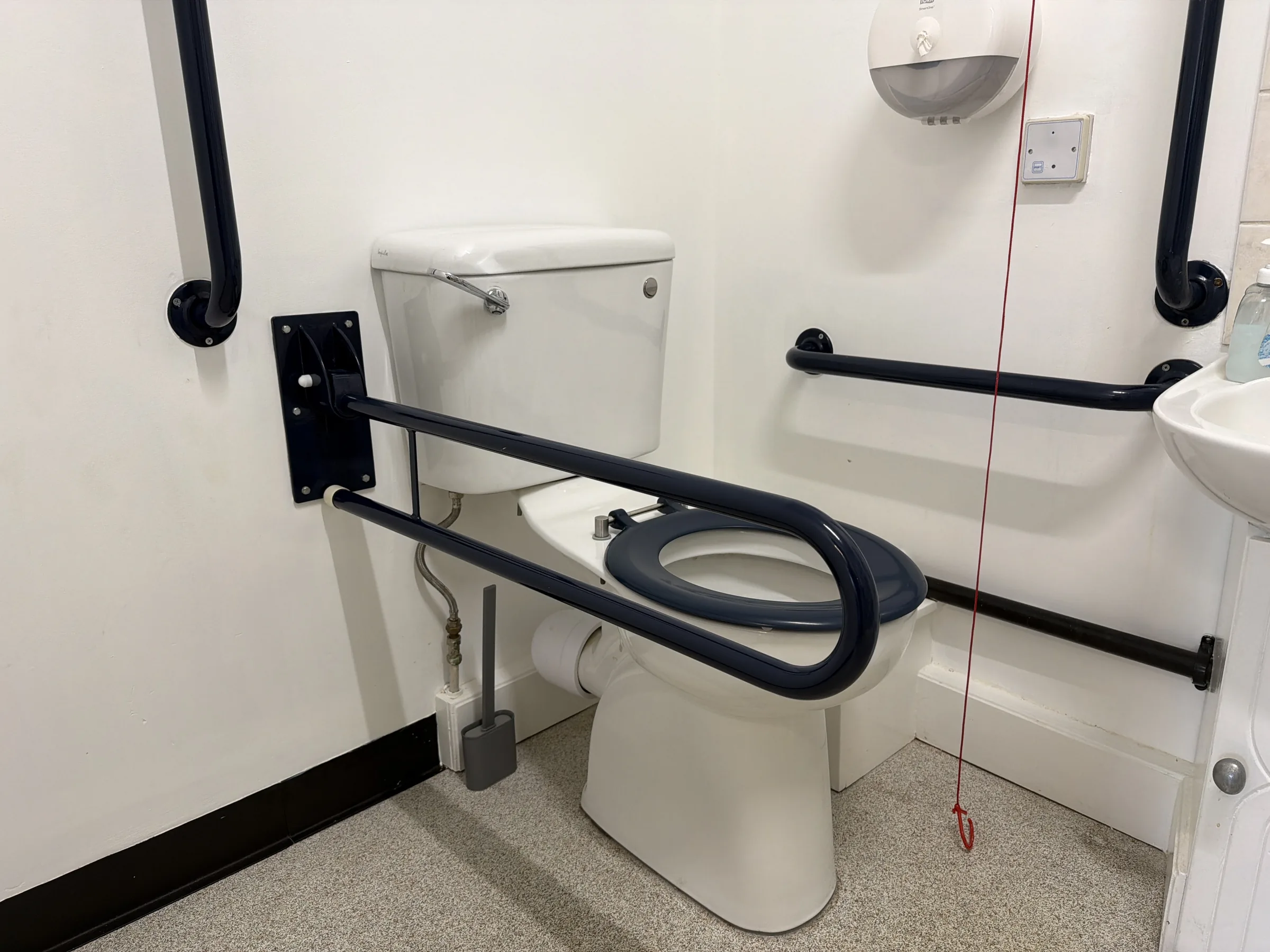 The accessible toilet at the Maggie O'Neill Centre, with grab rails, a fold-down rail and an emergency pull cord