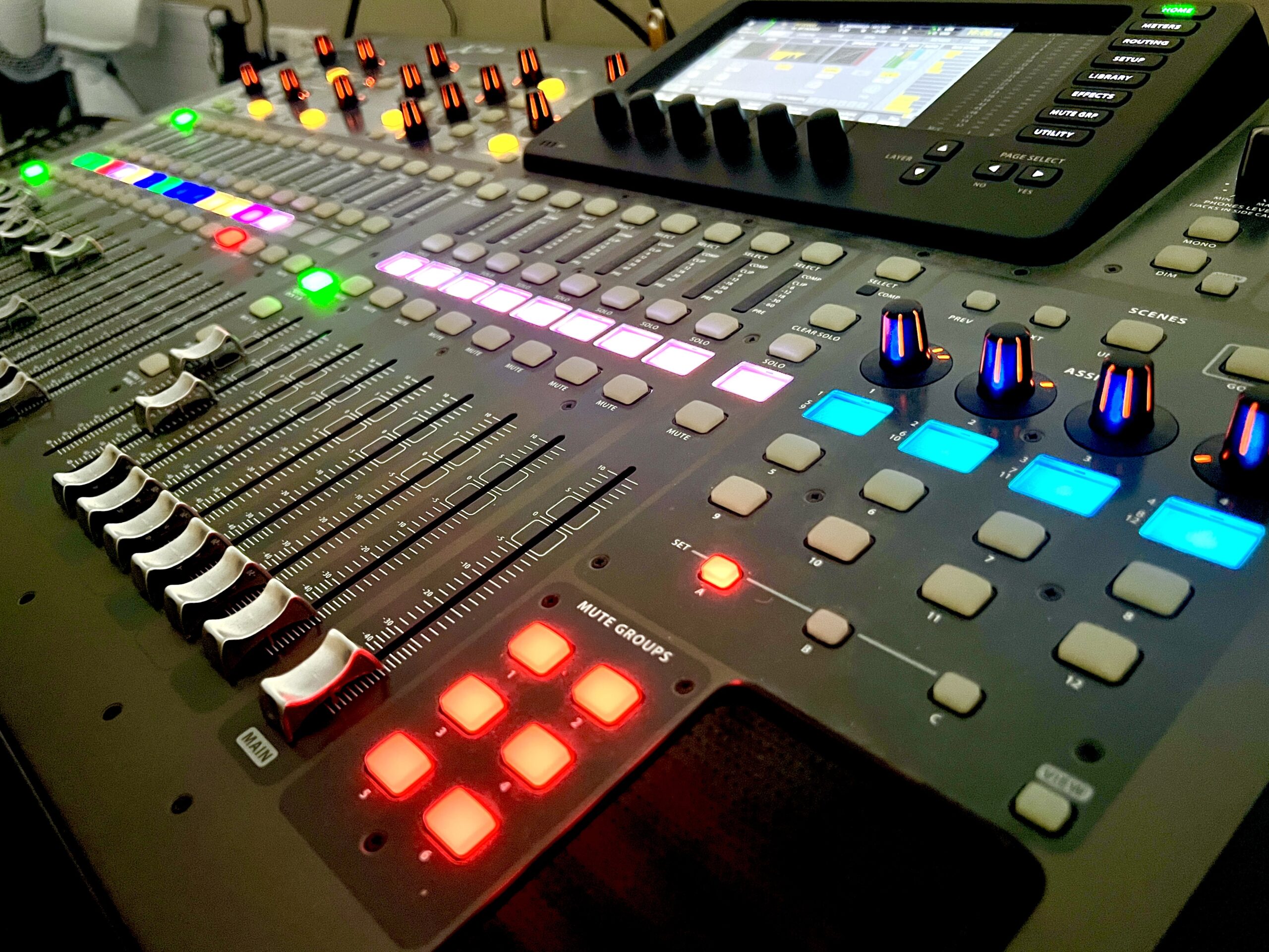The sound mixing desk in the Auditorium at the Maggie O'Neill Centre