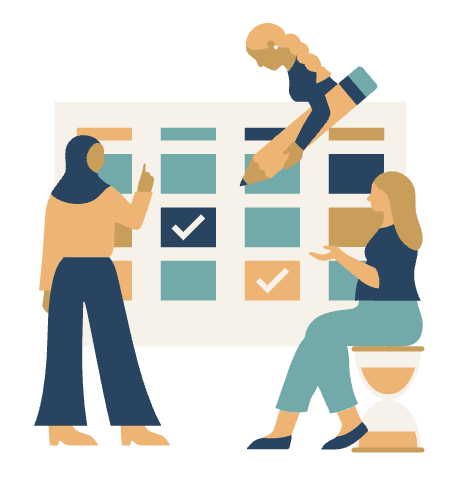 People pointing to a calendar