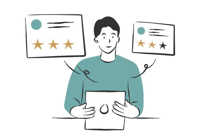 Person reviewing papers and scoring them with star ratings