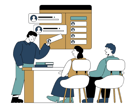 Person presenting on a board to two people seated at a table