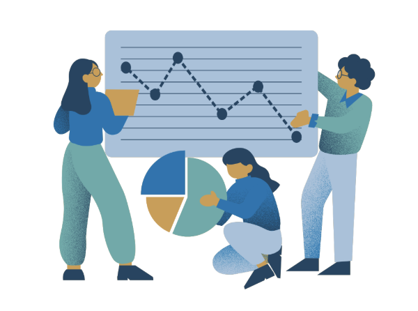 3 people working on various graphs, pie charts, and data together