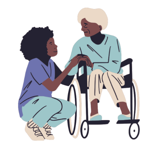 Person kneeling, talking with another older person in a wheelchair Person kneeling, talking with another older person in a wheelchair