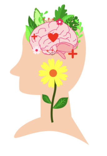 Person's head depicting brain, flowers, heart, and other growth elements around it Person's head depicting brain, flowers, heart, and other growth elements around it
