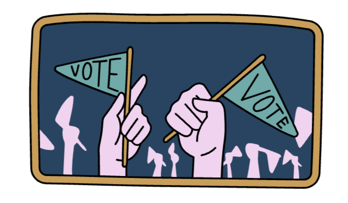 Hands holding flags that say vote