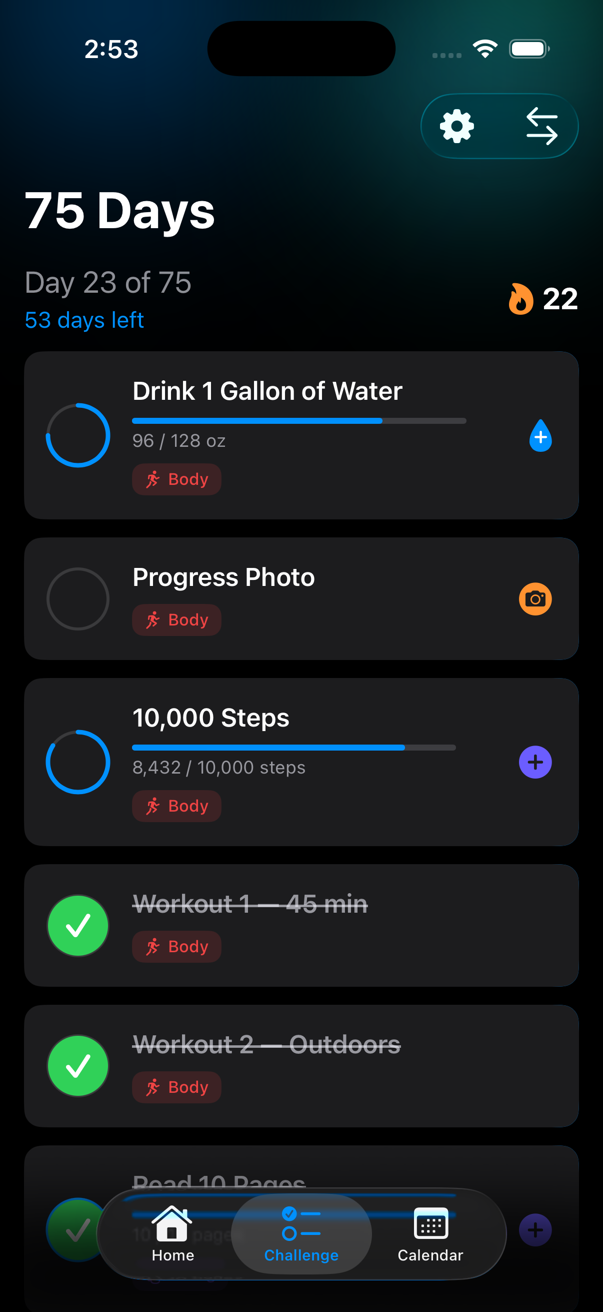 FlexChallenge daily task list, day 23 of 75