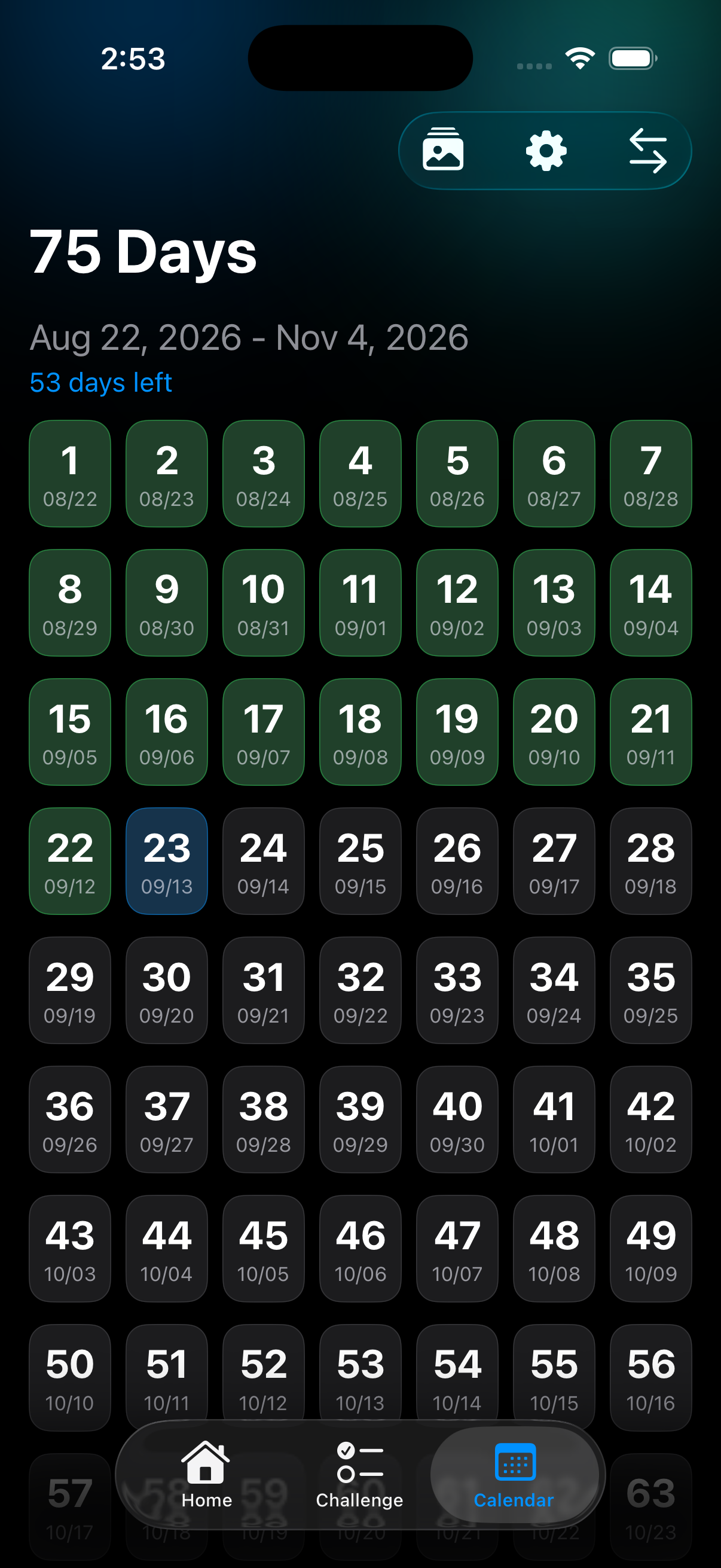 Challenge calendar with completed days