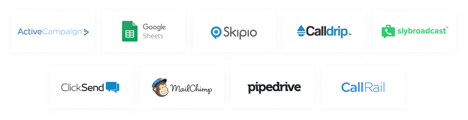 Active Campaign, Google Sheets, Skipio, CallDrip, Slybroadast, ClickSend, Mailchimp, Pipedrive, CallRail