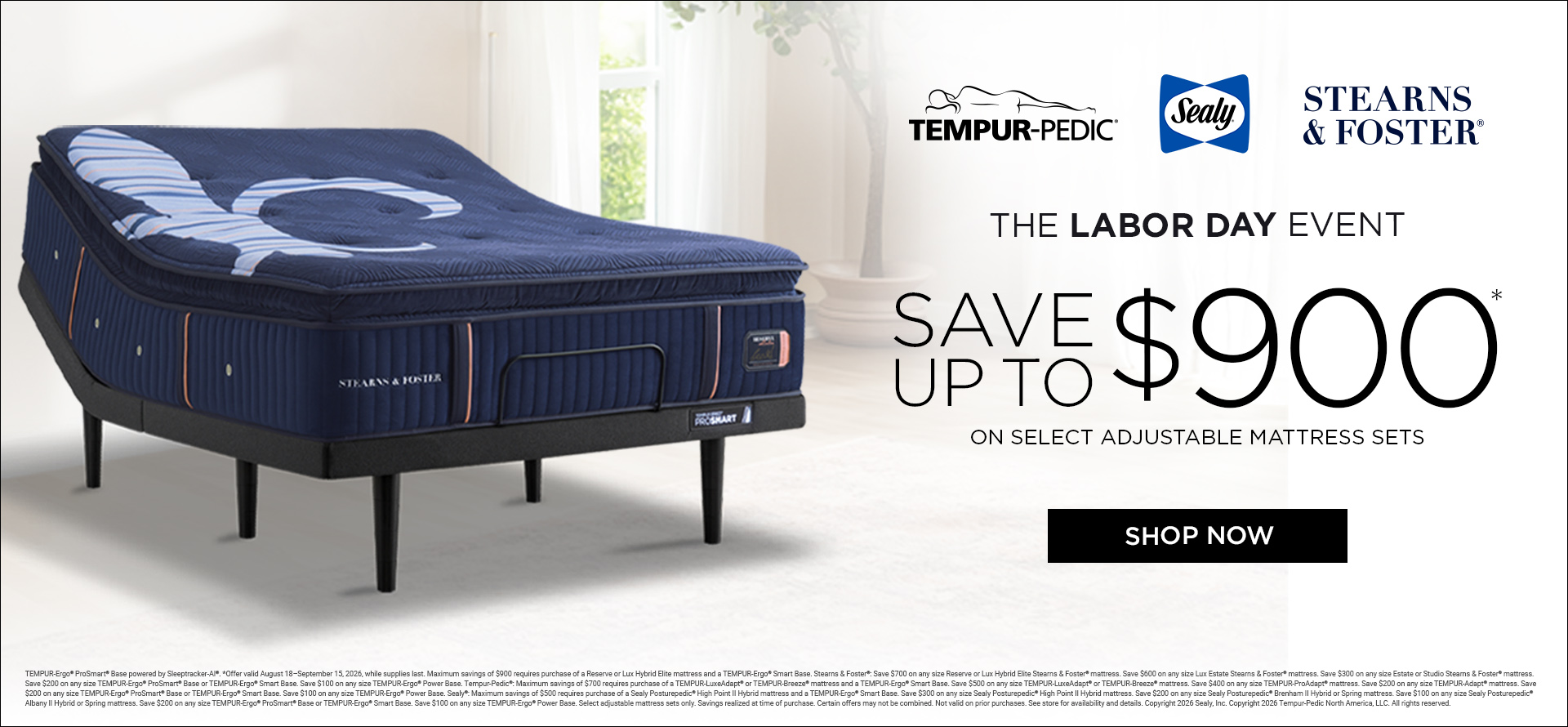 Labor Day mattress sale in Fort Collins offering up to $900 off select adjustable sets from Tempur-Pedic, Sealy, and Stearns & Foster.