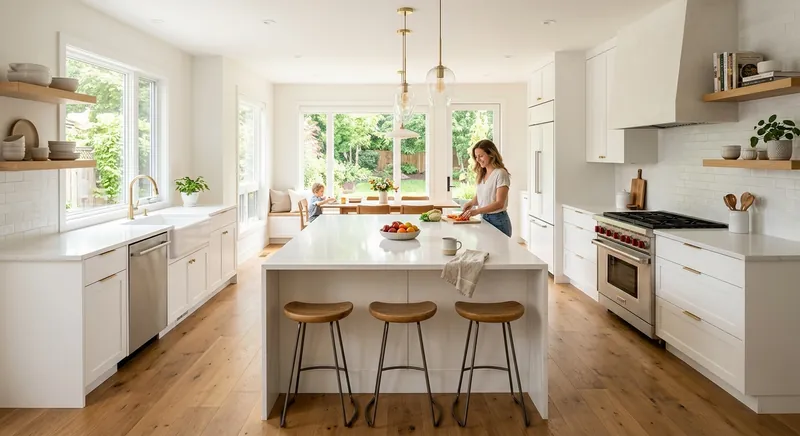 Beautiful completed modern kitchen with gleaming quartz countertops