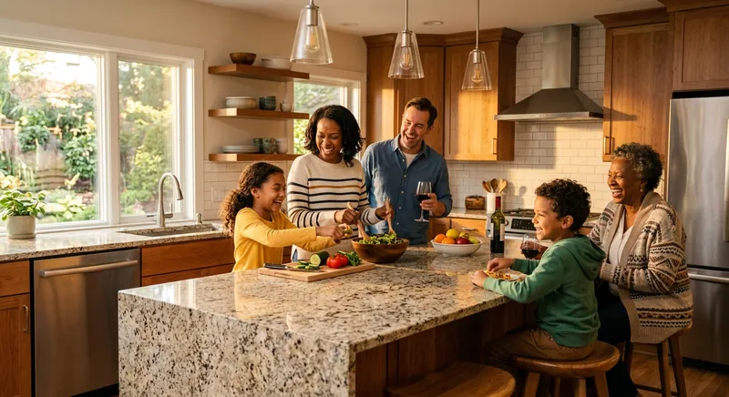Happy family enjoying their newly renovated kitchen with granite countertops