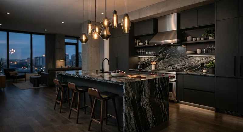 Dramatic modern kitchen with black granite waterfall island