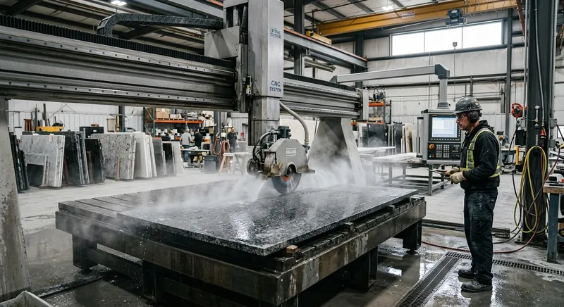 Stone countertop fabrication workshop with CNC machine cutting granite