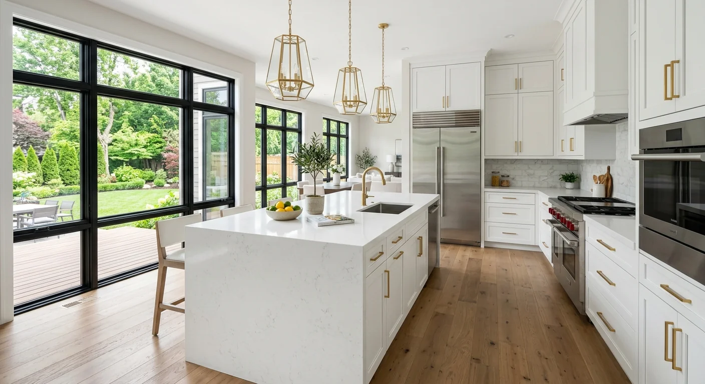 Luxury modern kitchen with white quartz countertop waterfall island and gold pendant lights in Massachusetts